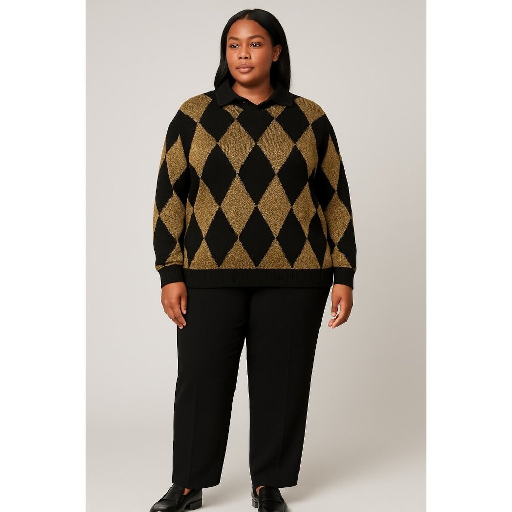 Vintage Alfred Dunner Black & Gold Argyle Knit Sweater | Made in USA | XL | Lure